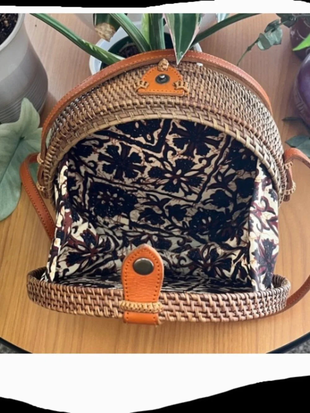 Rattan & Leather Round Crossbody Bag NWOT